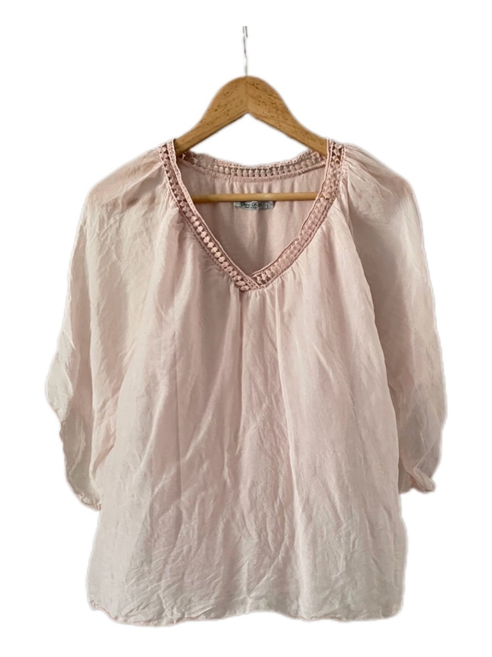 Light Pink V-Neck Women's Floaty Blouse with Crochet Trim - S
